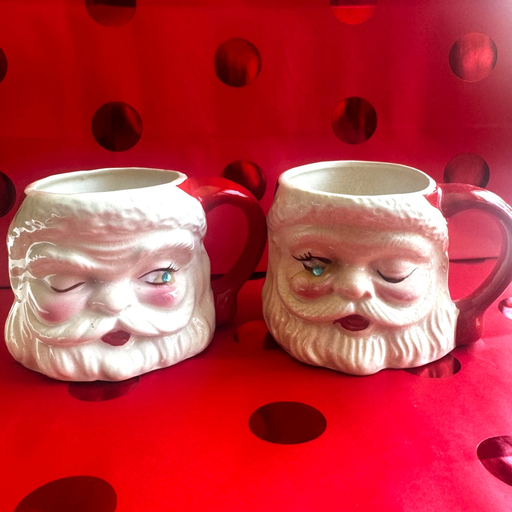 Vintage Santa Mugs Blue Rhinestone Eyes Mid Century Christmas Santa Collector